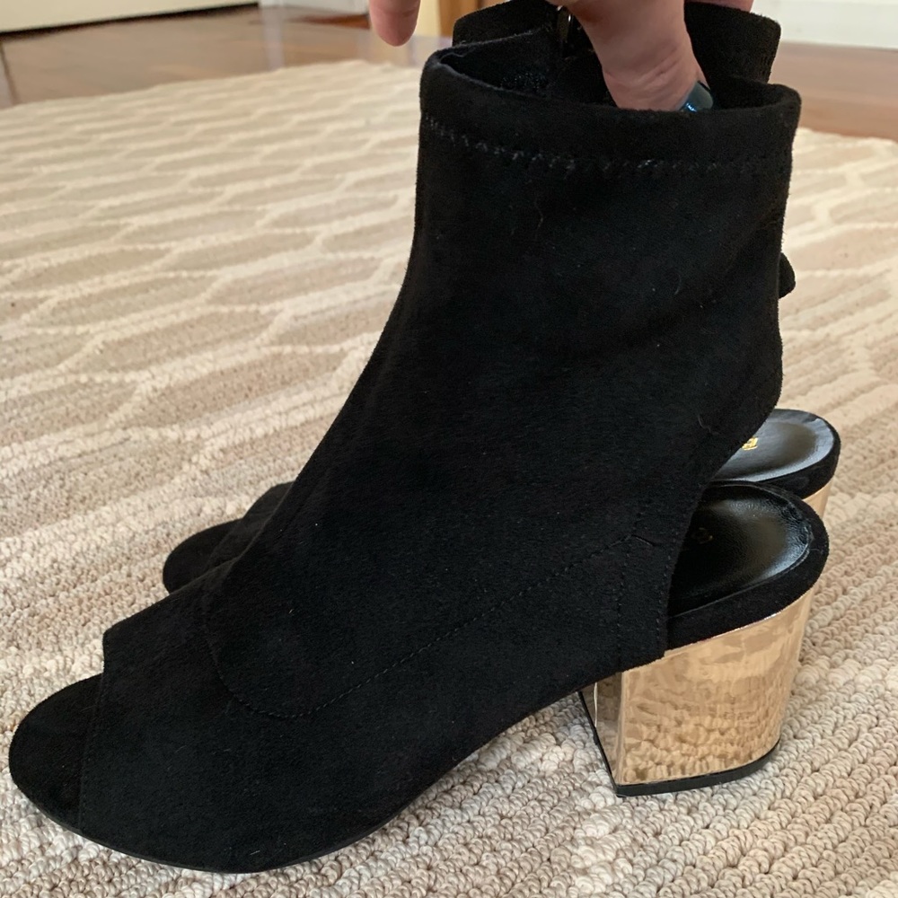 Suede Peep Toe Booties with Gold Heel - 8